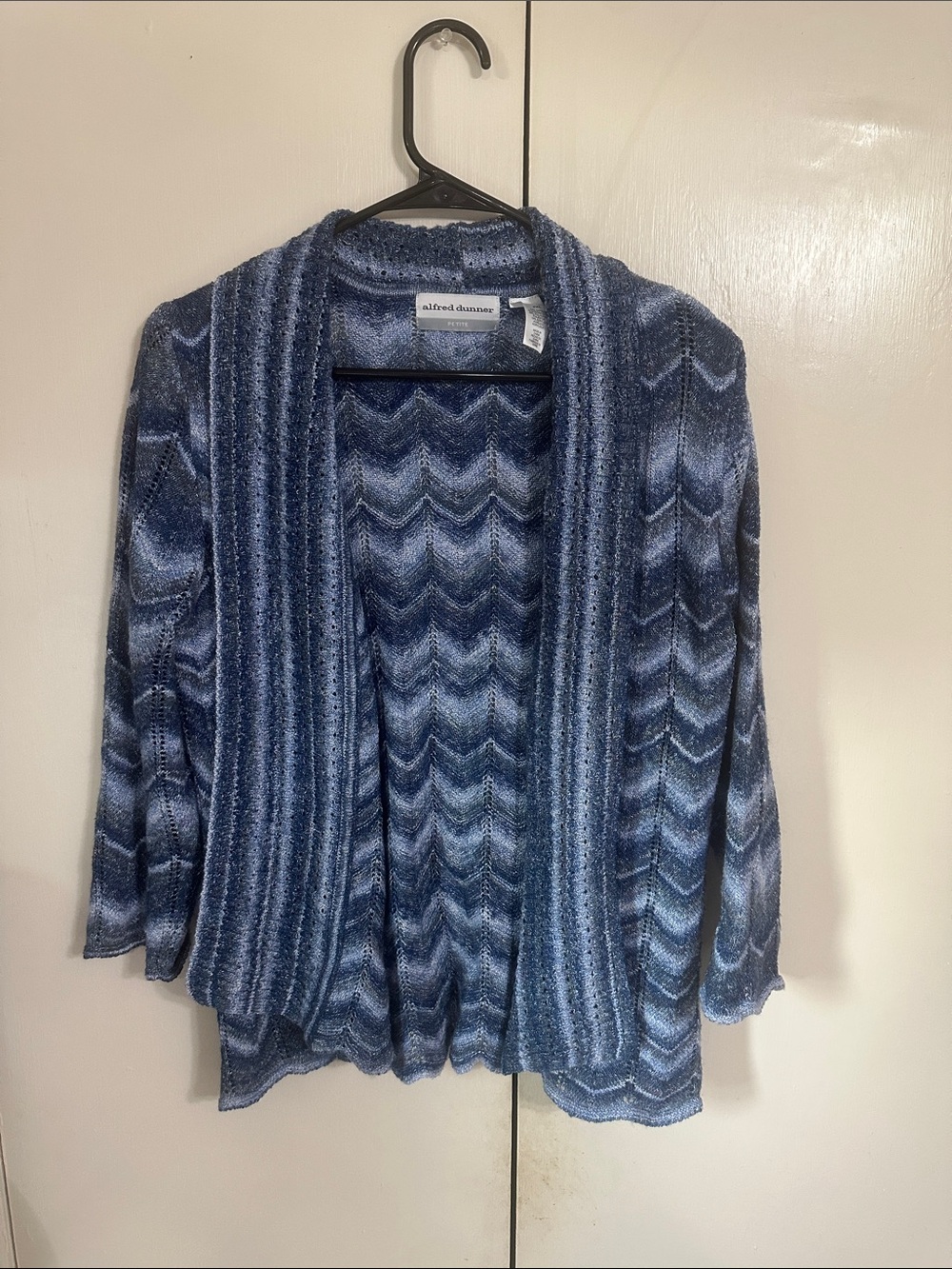 Alfred Dunner Navy and Light Blue Chevron Open-Front Cardigan Sweater